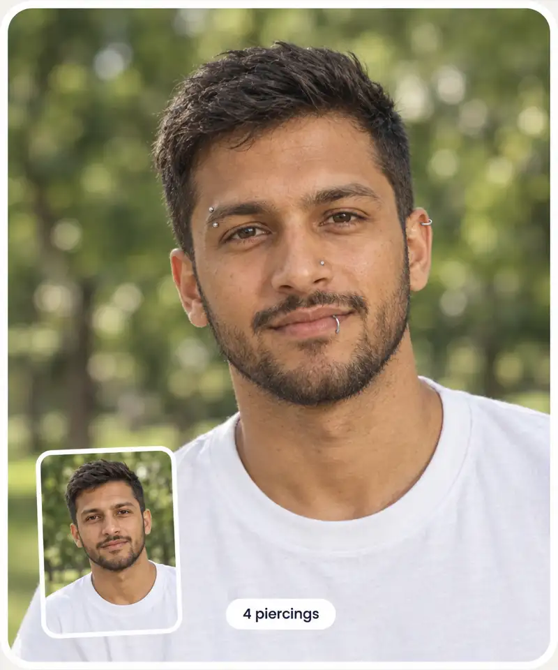 A man before and after the piercing filter with four piercings and a 4 piercings tag