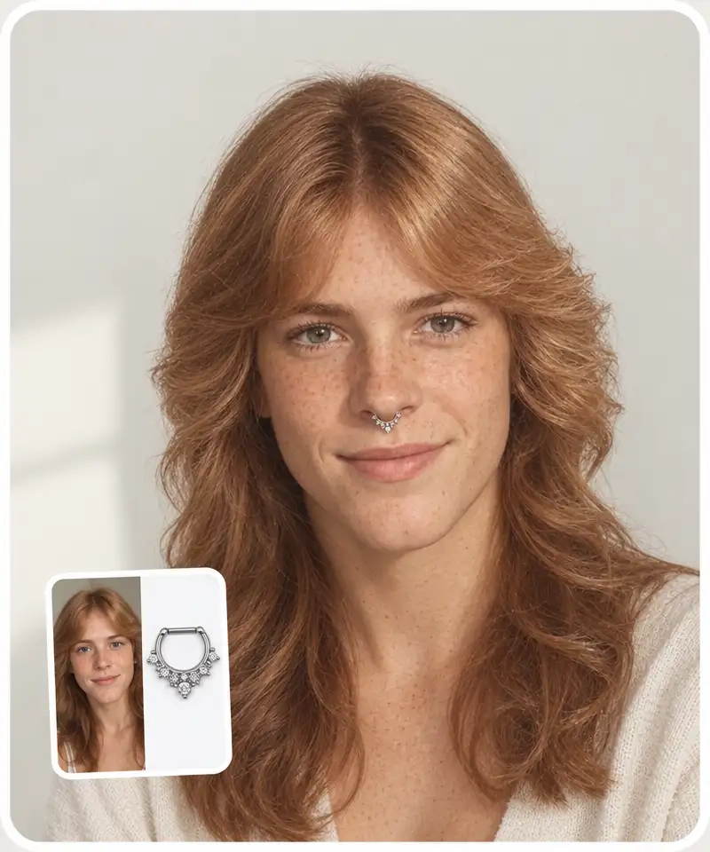A selfie and a photo of a septum clicker combined into one photo of the woman wearing it