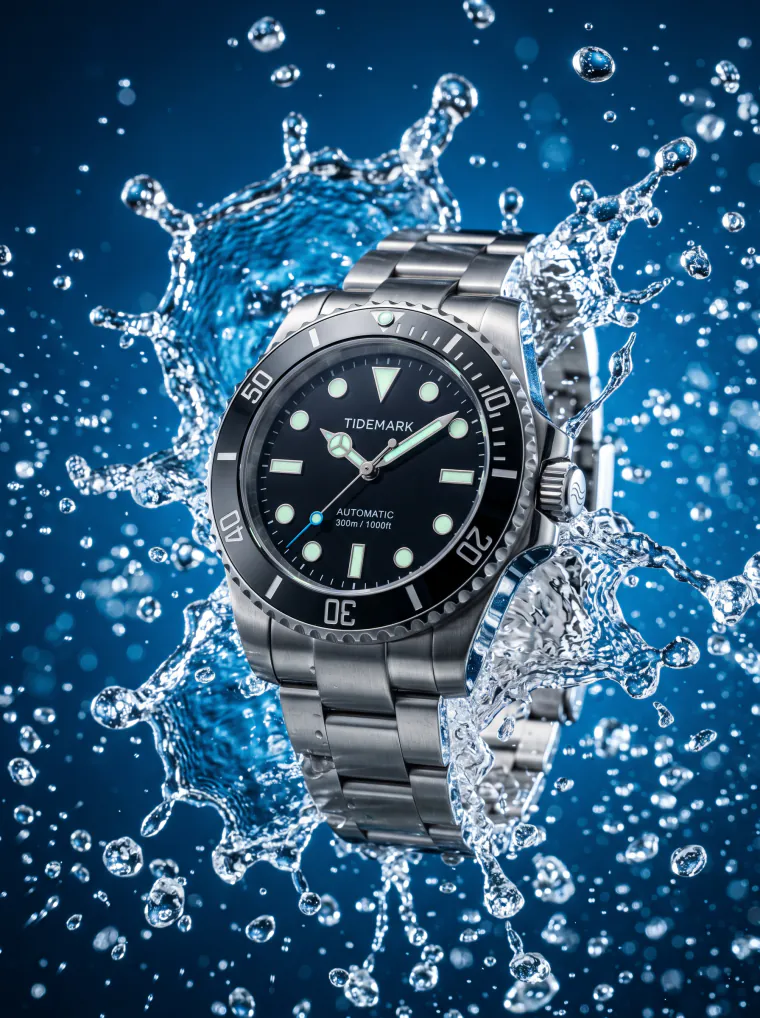 Dive watch in a water splash
