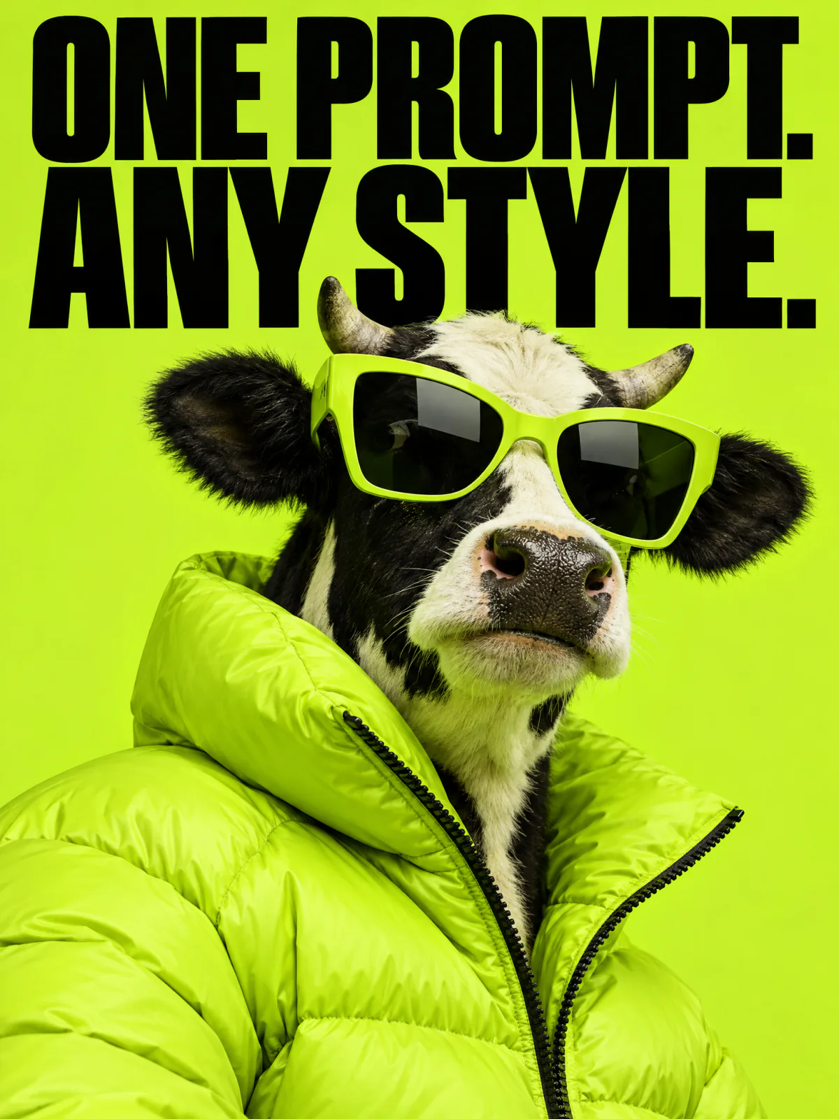 Result of the Cow in a chartreuse puffer prompt, made with GPT Image 2.5
