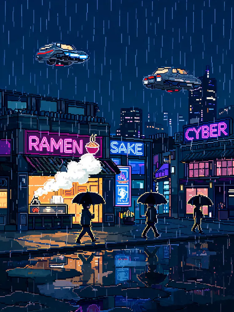 Pixel art city in the rain