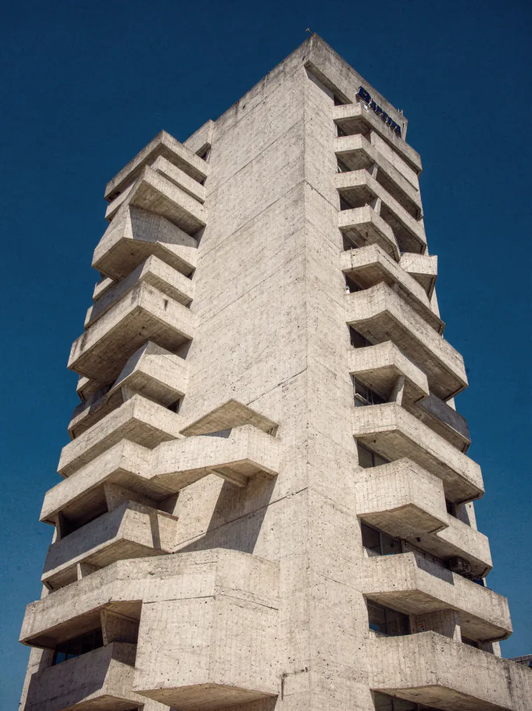 Brutalist tower against the sky