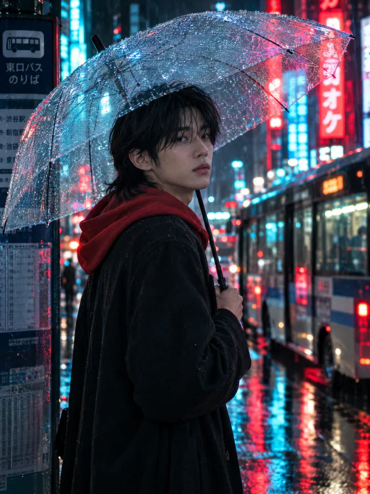 Bus stop in the neon rain