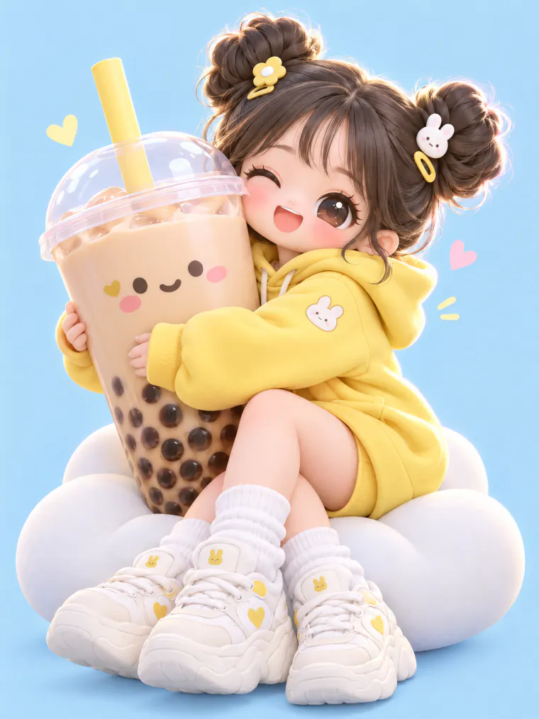 3D chibi girl with bubble tea