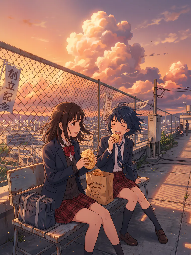 Anime rooftop at sunset