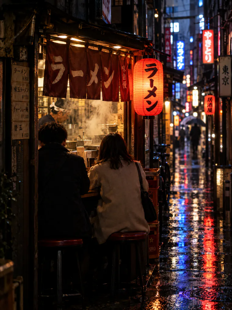 Ramen stall in a rainy alley