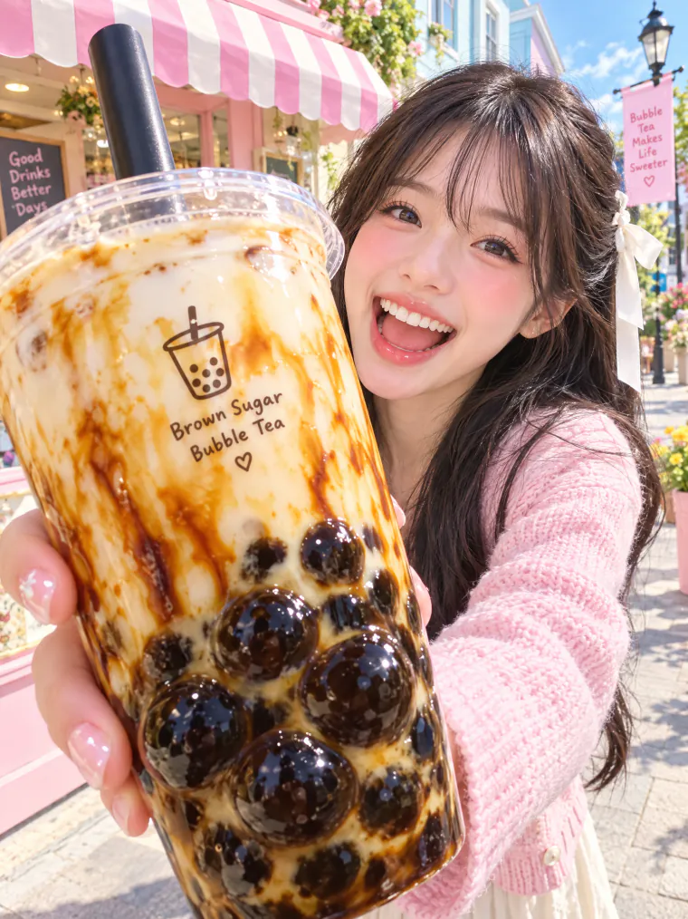 Bubble tea pushed at the lens