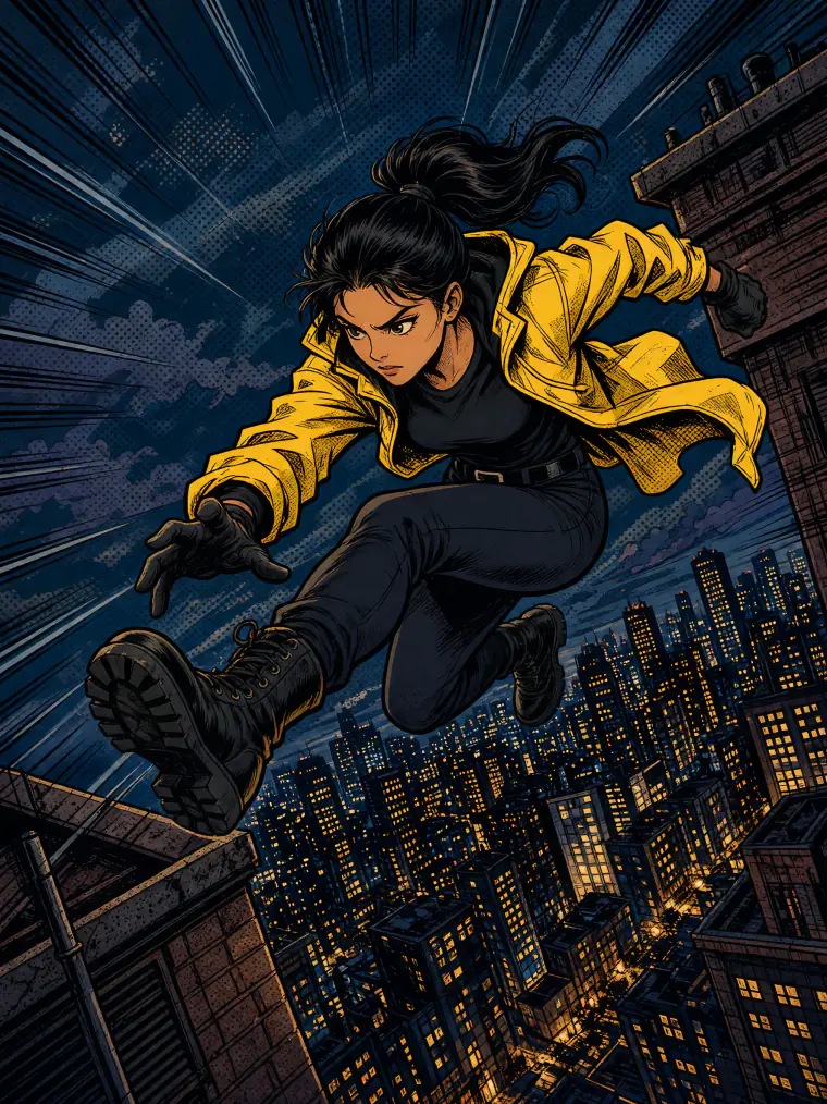 Comic book rooftop leap