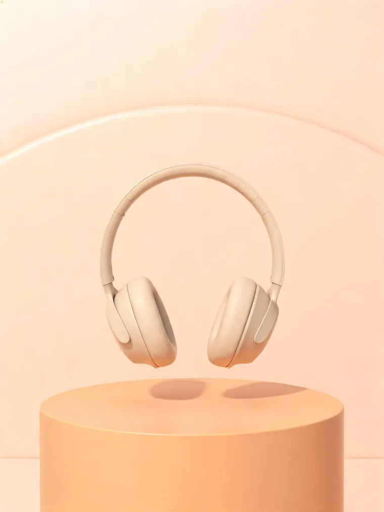 Headphones on a pastel podium