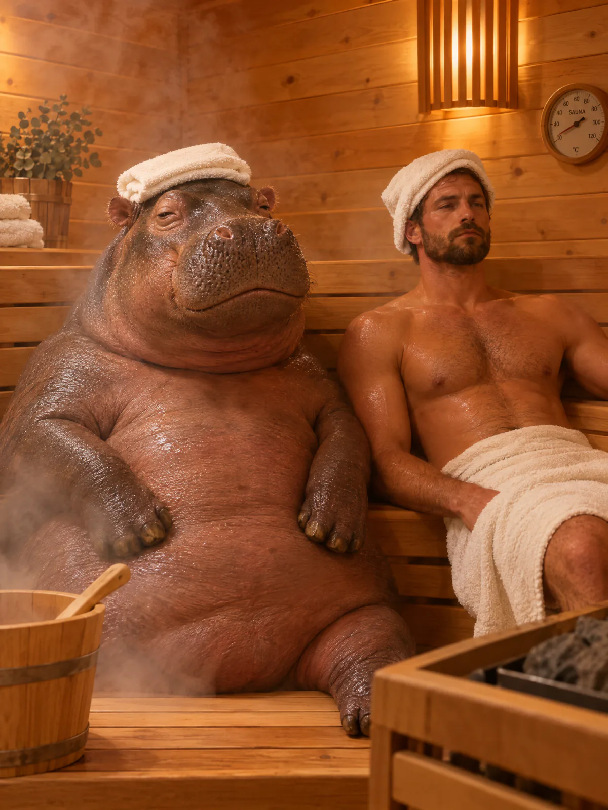 Result of the Hippo in the sauna prompt, made with GPT Image 2.5