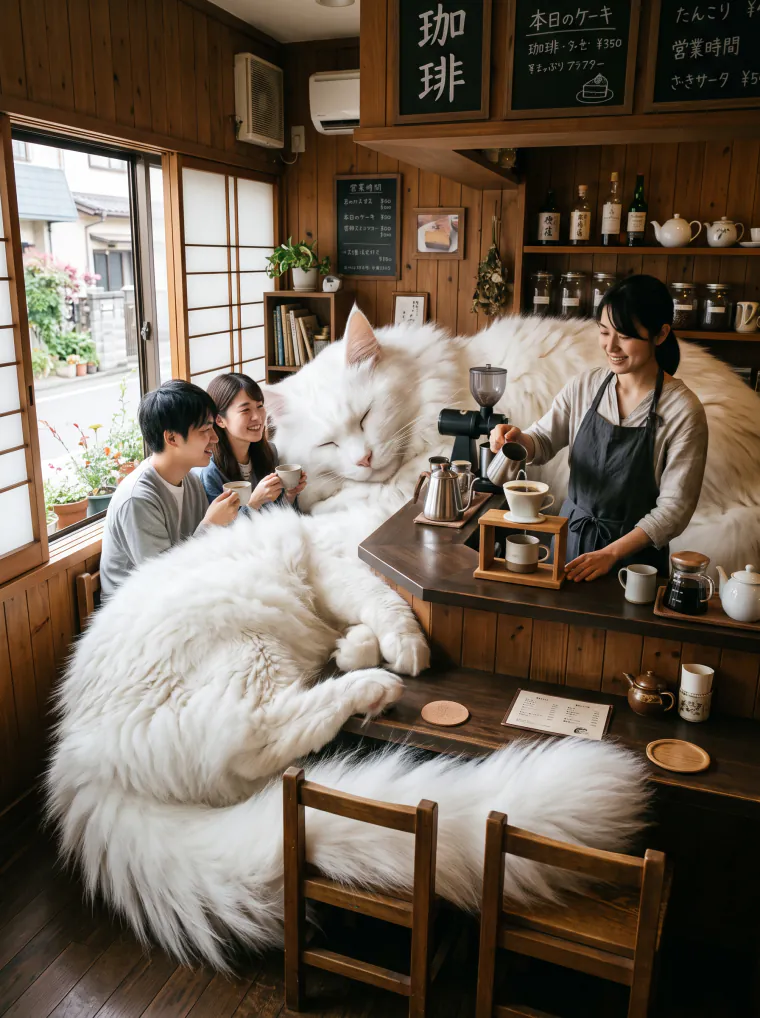 Giant cat in a tiny café