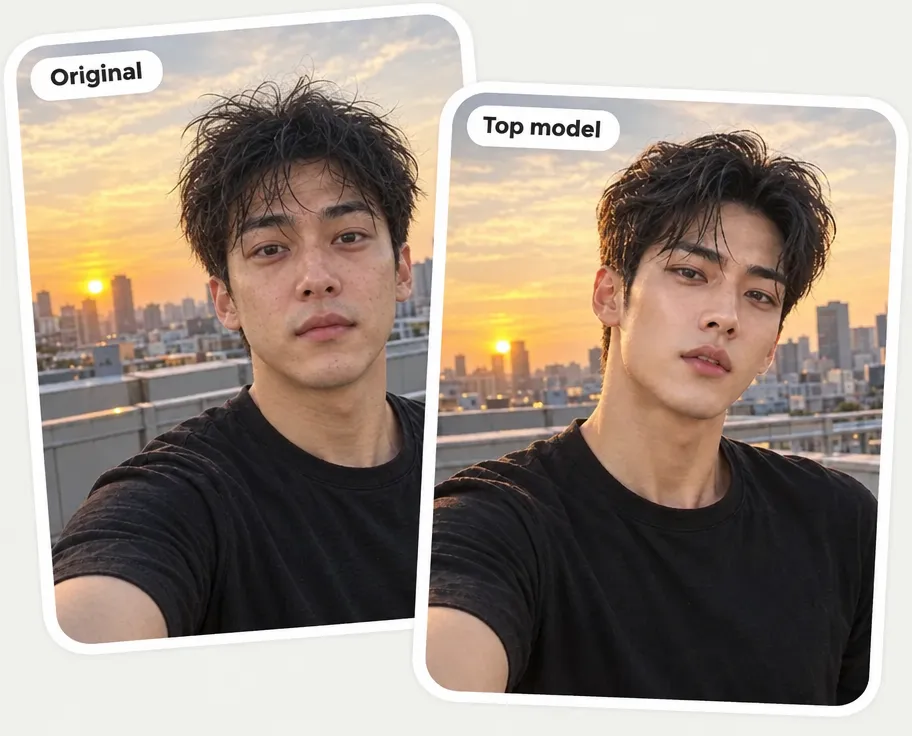 A man on a rooftop at sunset labeled Original and Top model: the same face, glowing skin and styled hair
