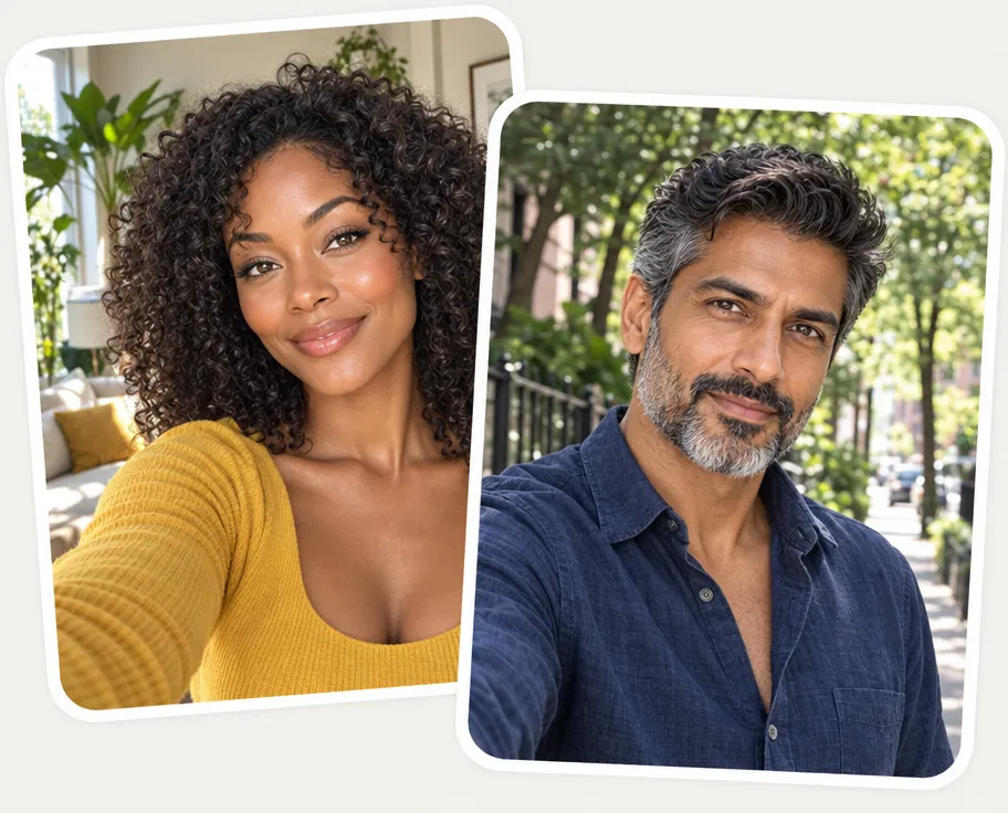 A Black woman with curly hair and an Indian man with a salt-and-pepper beard, both after the AI beauty filter