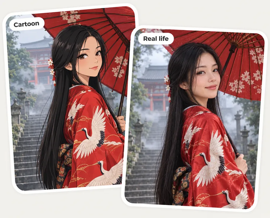 An anime woman in a red kimono labeled Cartoon next to the same woman as a real person labeled Real life