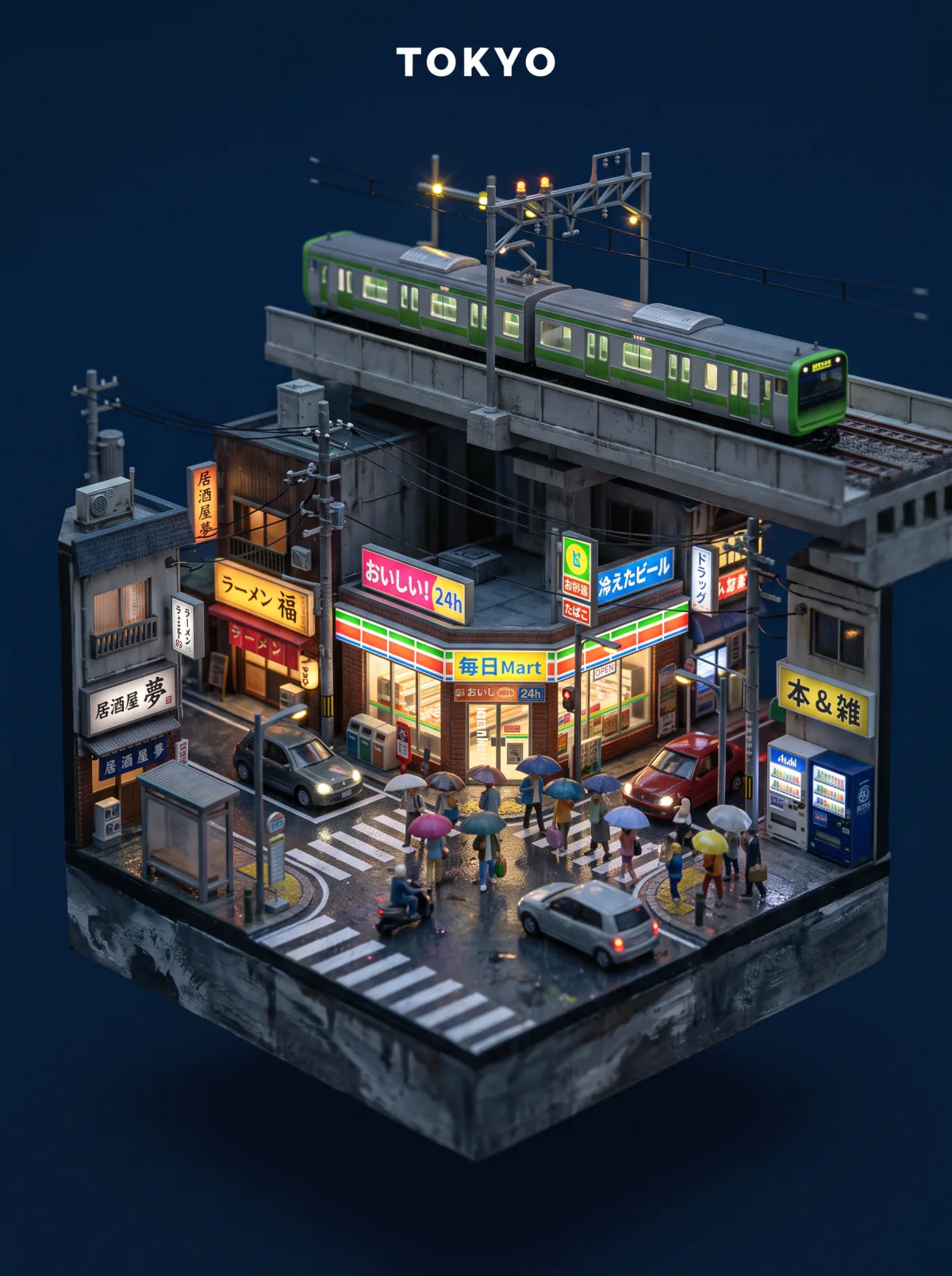 Result of the Isometric street corner prompt: isometric diorama of a Tokyo street corner on a rainy night with a glowing convenience store and umbrellas