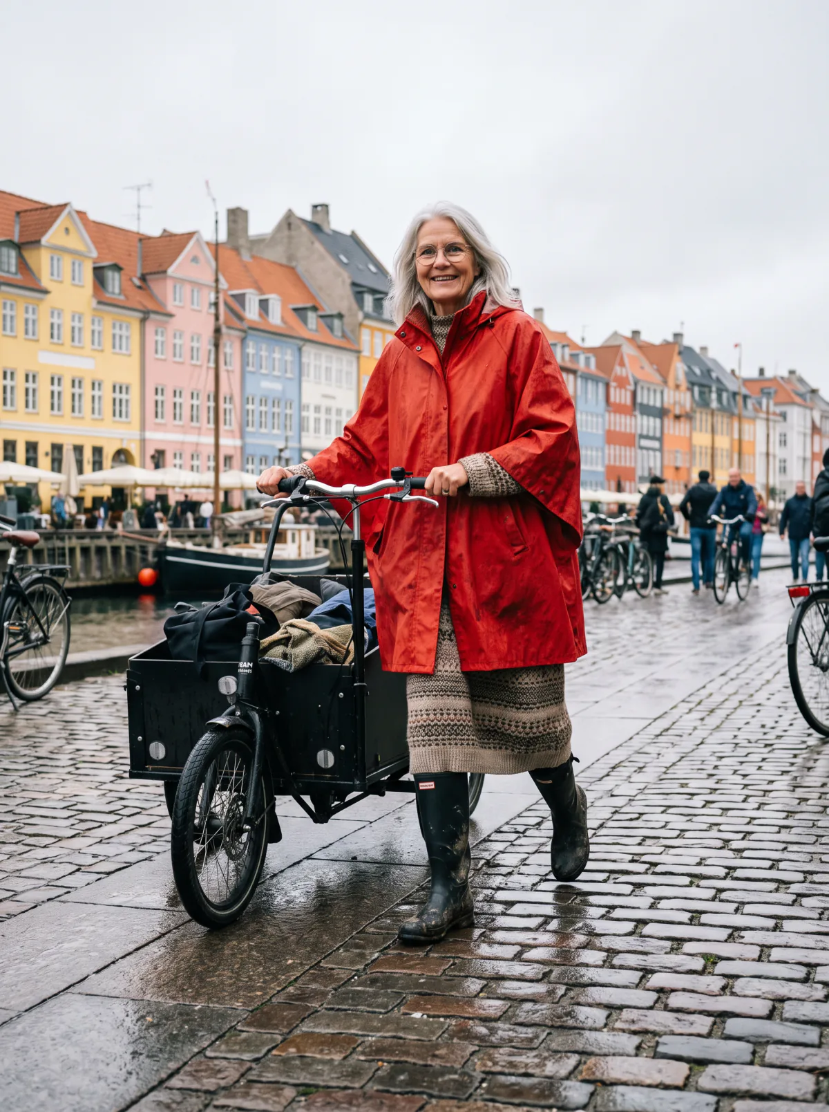 Result of the Low-angle street style prompt: an older silver-haired woman in a red rain cape pushes a cargo bike past pastel canal houses in Copenhagen