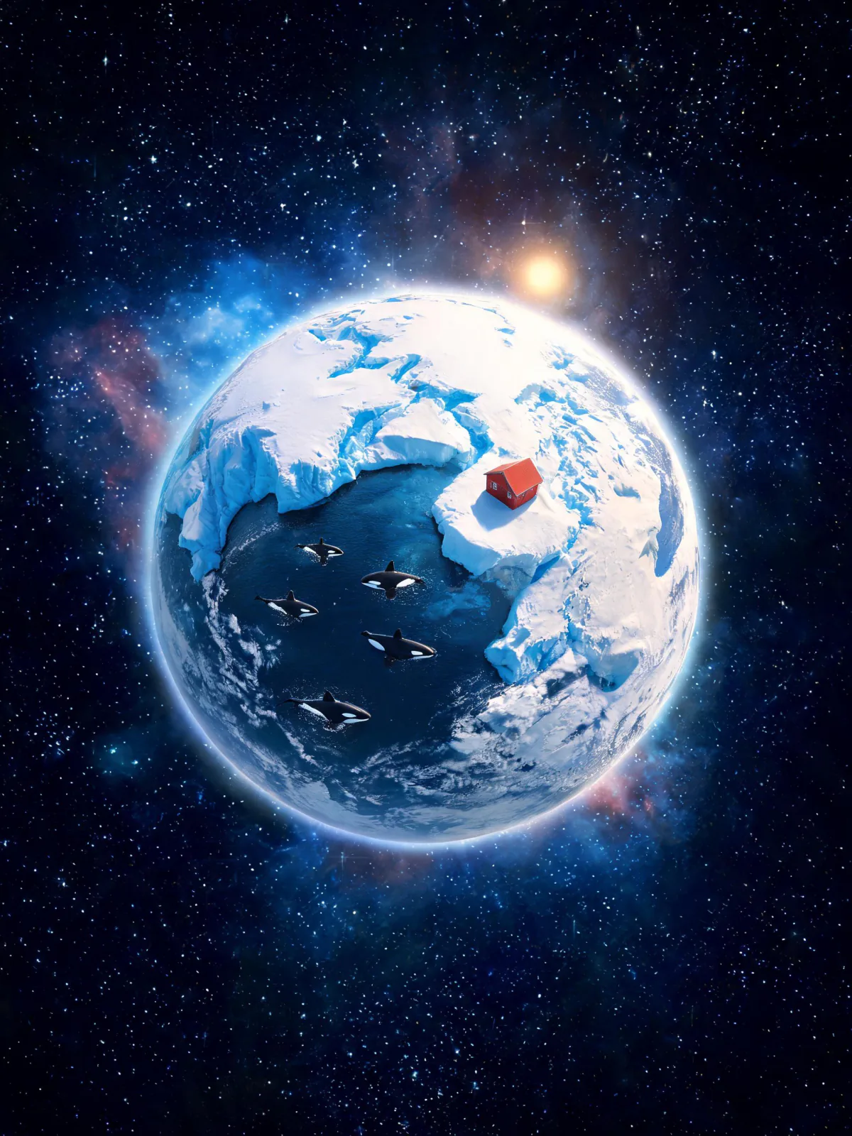 Result of the Tiny planet world prompt: a tiny planet covered in Arctic ice and blue glaciers with orcas and a red hut, floating in space