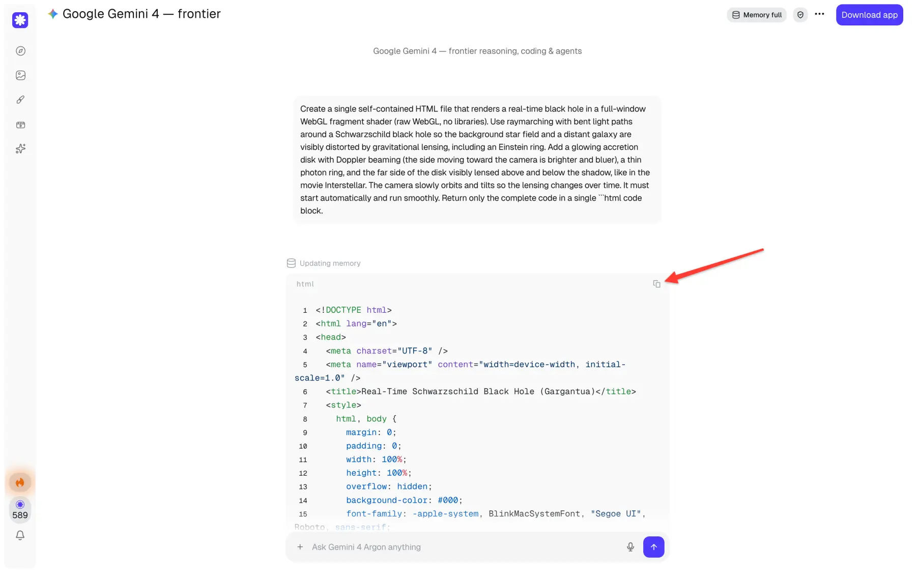 Resposta do Gemini 4 Argon com código na Overchat AI