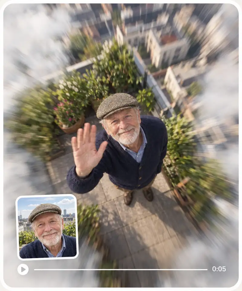 A still photo of an older man in a flat cap and a frame of his video, the camera diving down to him on a rooftop