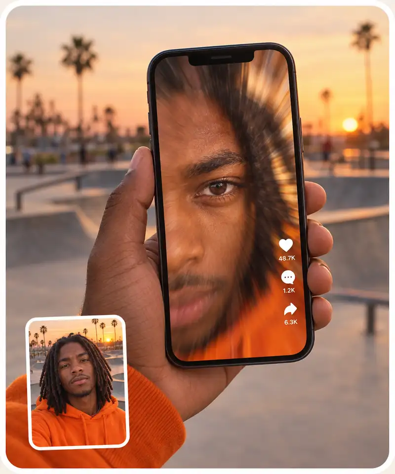 A phone playing a vertical eye zoom clip of a young man in an orange hoodie, next to his original selfie