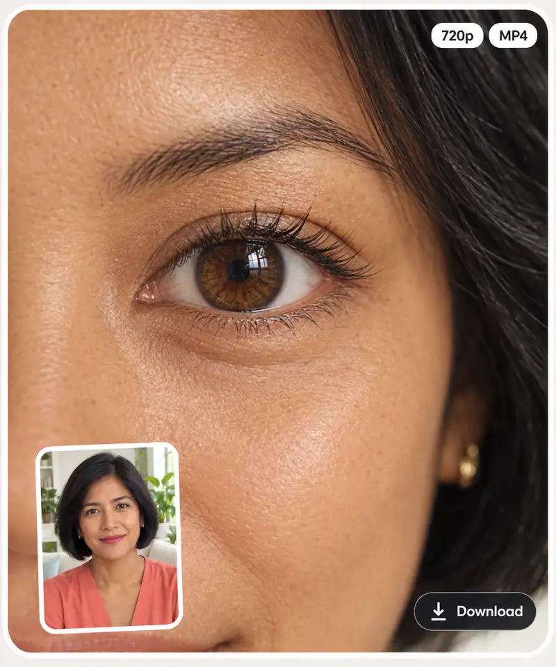 A sharp close-up of a woman's eye with 720p, MP4 and Download labels, next to her original portrait