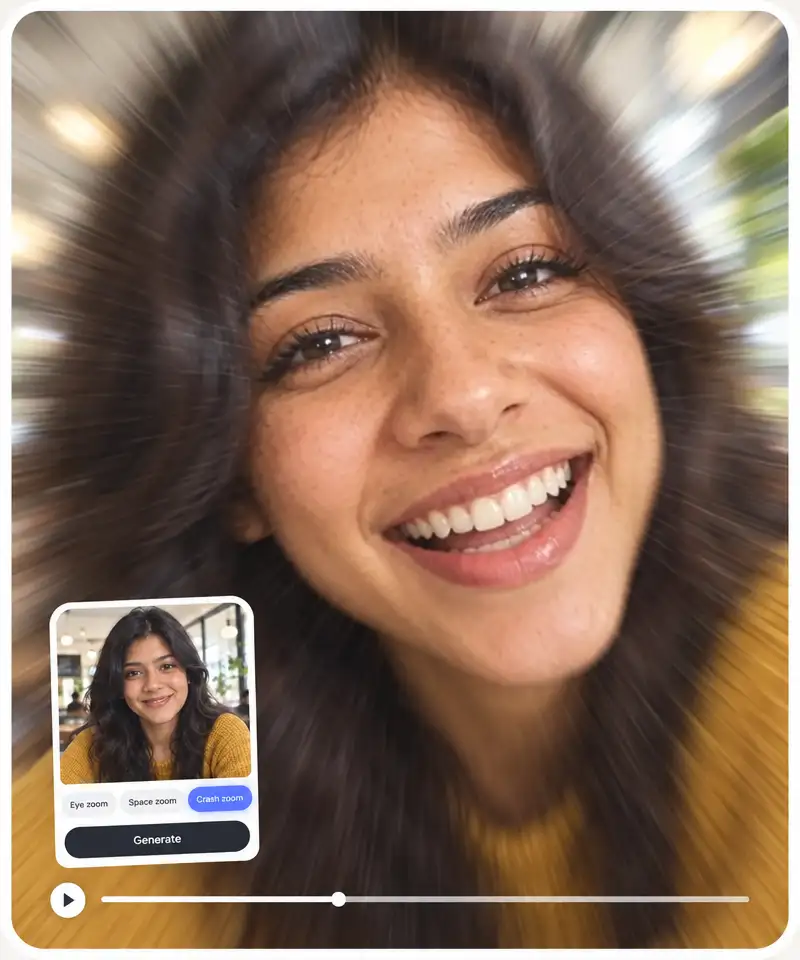 The upload panel with Eye zoom, Space zoom and Crash zoom chips and the Generate button, and a crash zoom into the woman's face in her video
