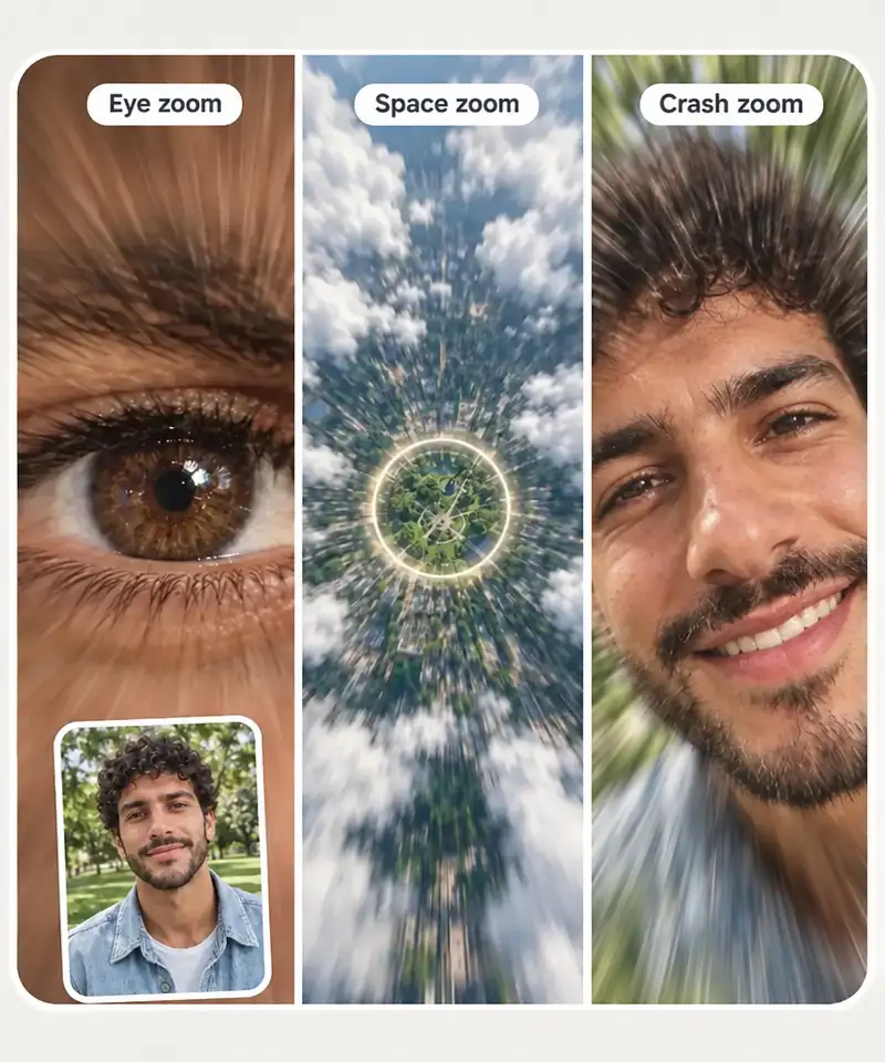 The same curly-haired man shown as three video stills labeled Eye zoom, Space zoom and Crash zoom
