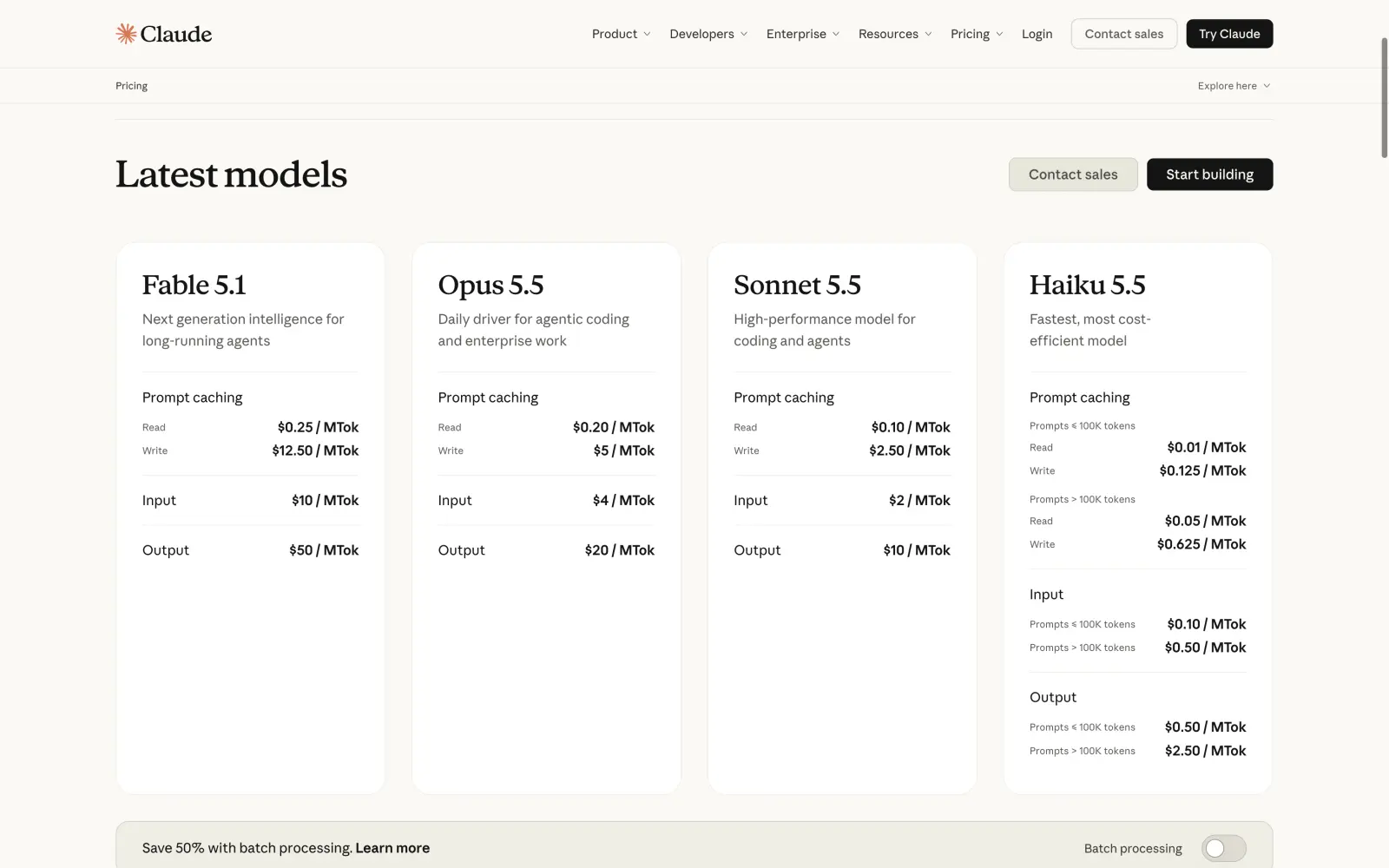 Claude API pricing for Fable 5.1, Opus 5.5, Sonnet 5.5 and Haiku 5.5