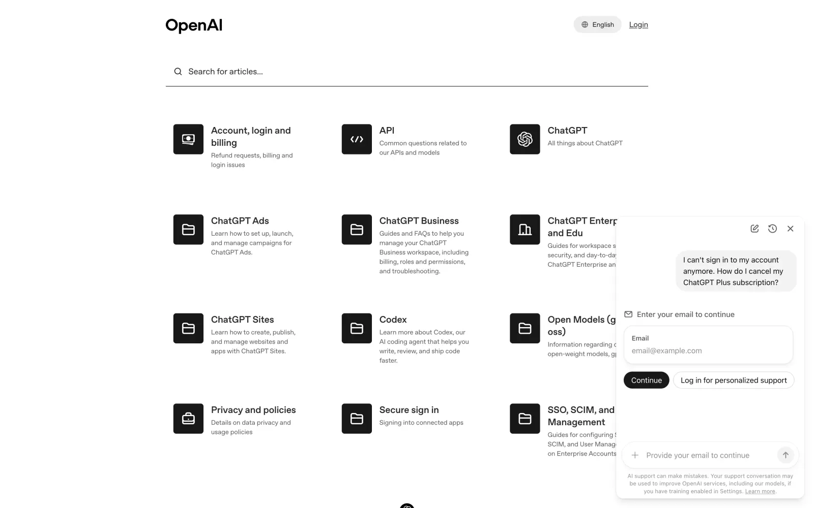 Chat de suporte da Central de Ajuda da OpenAI pedindo um e-mail
