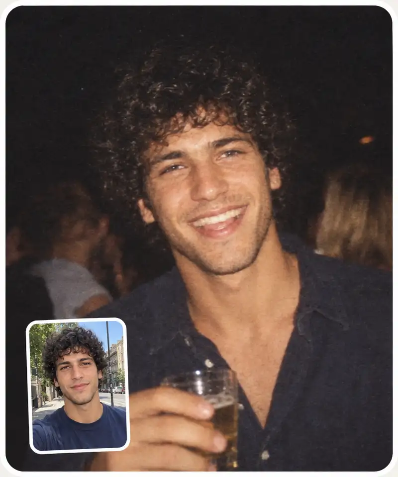 A daylight selfie of a curly-haired man and the same man in a flash-lit party snapshot with film grain