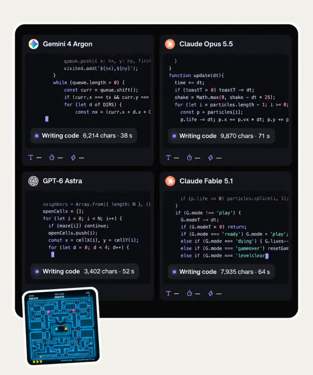 Four arena panels streaming code with Writing code counters, and the finished neon maze game in the corner