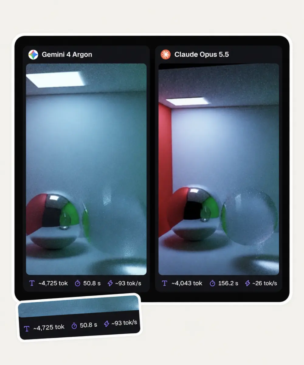 Two path-traced glass sphere scenes with tokens, seconds and tokens per second under each, and a close-up of one stats row