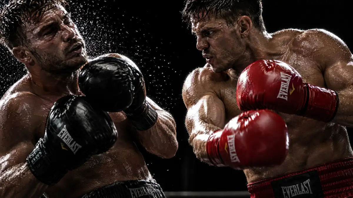 Primeiro quadro do teste de imagem para vídeo: dois boxeadores no ringue contra um fundo preto
