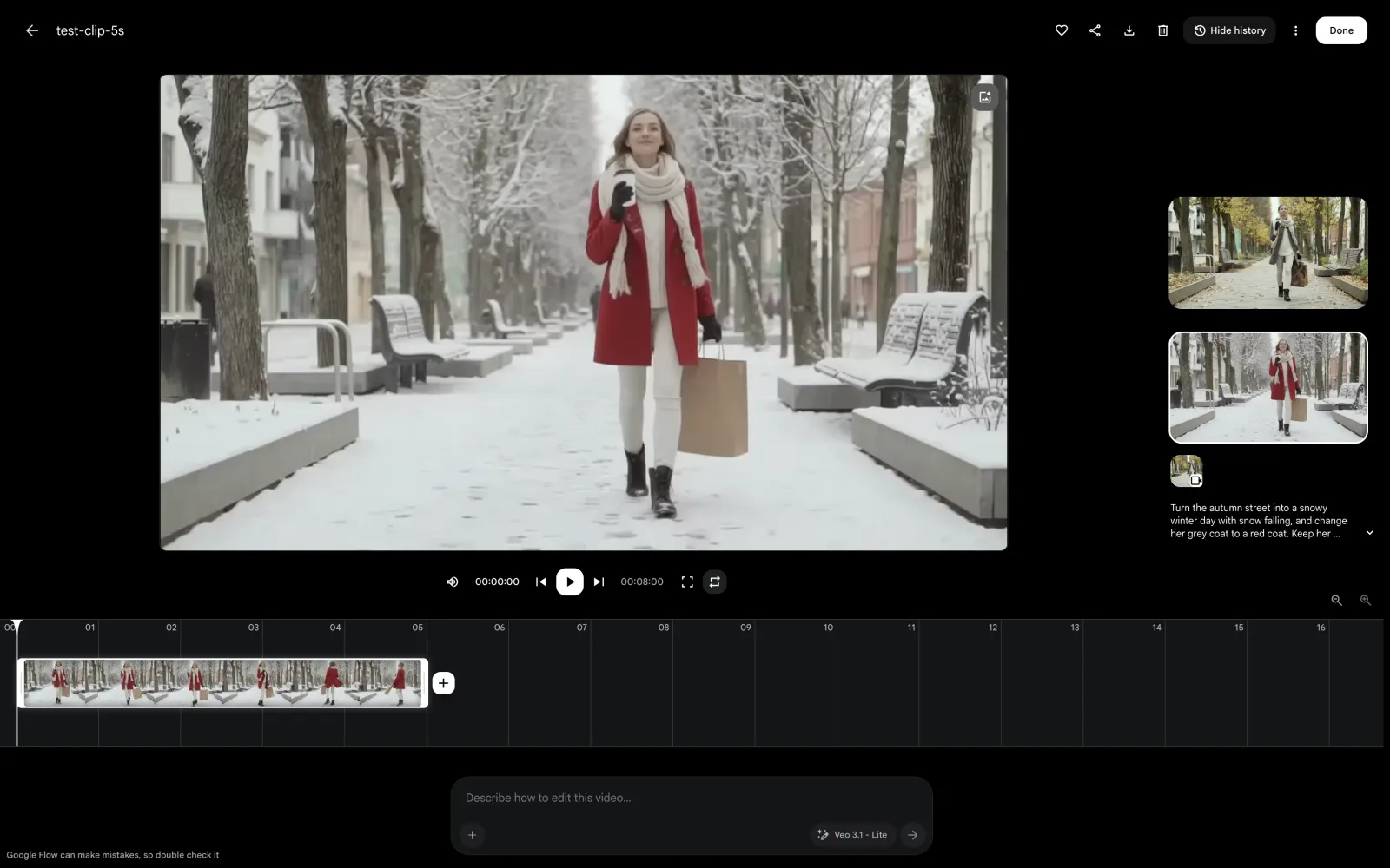Video editor in Google Flow with the test clip