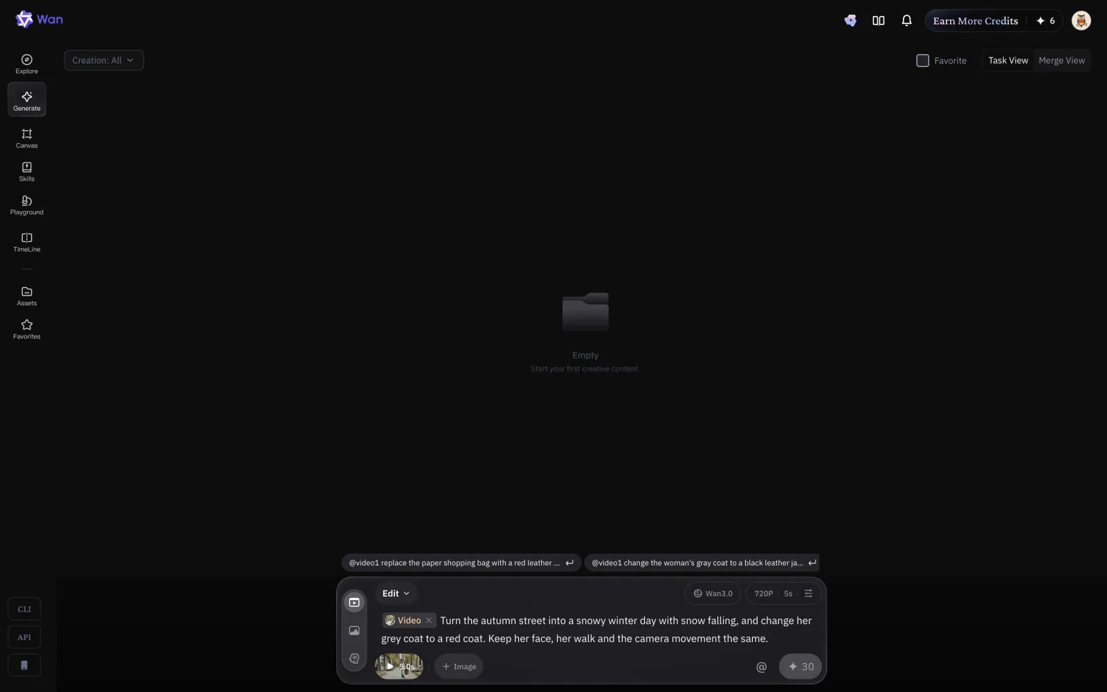 Video editing in Wan with the test clip and prompt