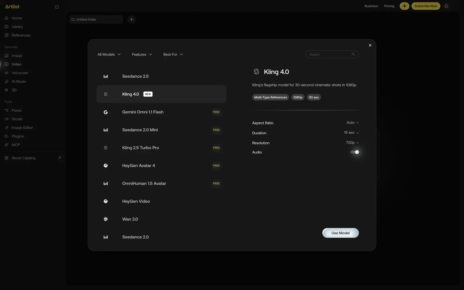 Artlist AI toolkit with the video model picker open on Kling 4.0