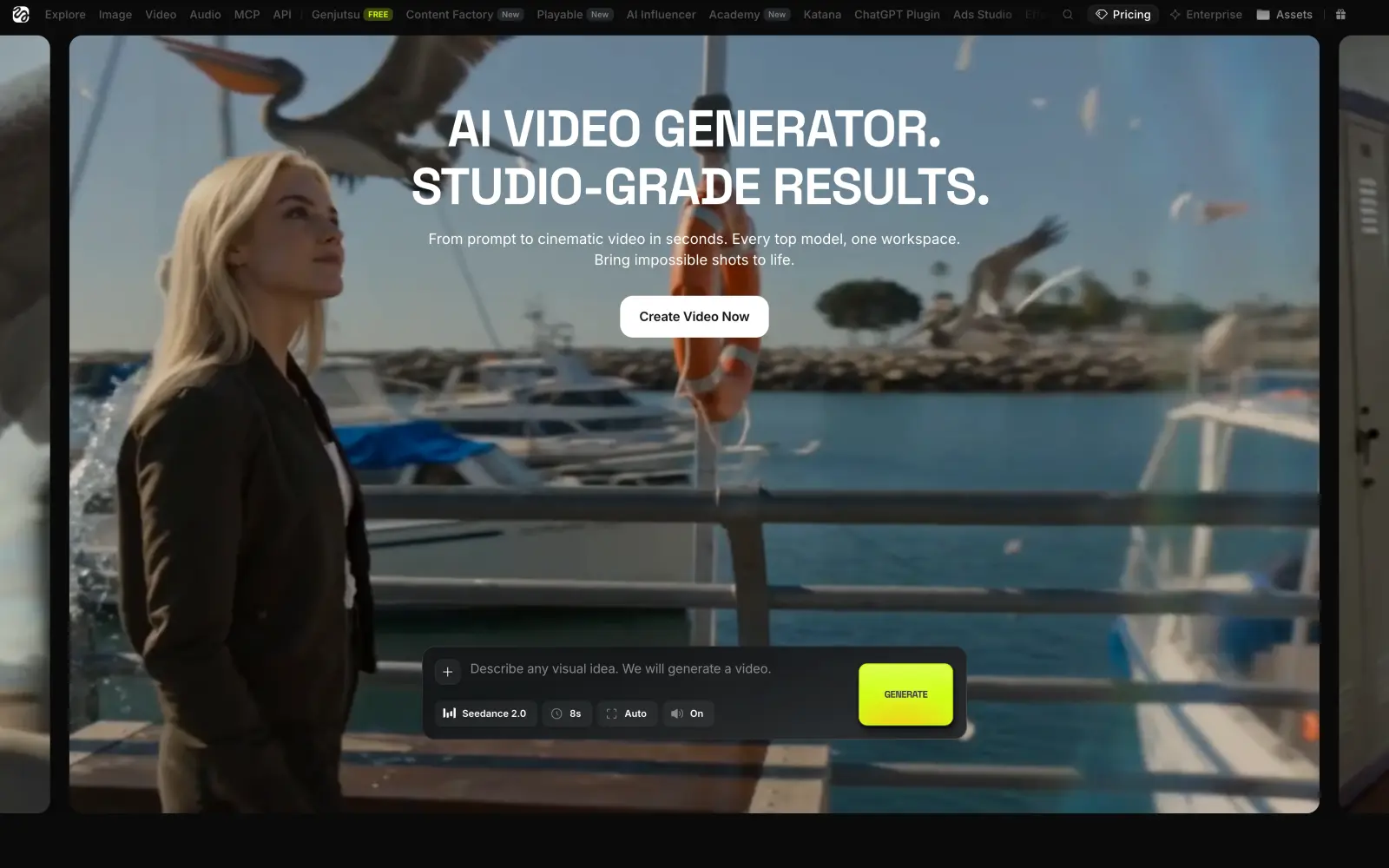 Higgsfield AI video generator page with Seedance 2.0 in the prompt box