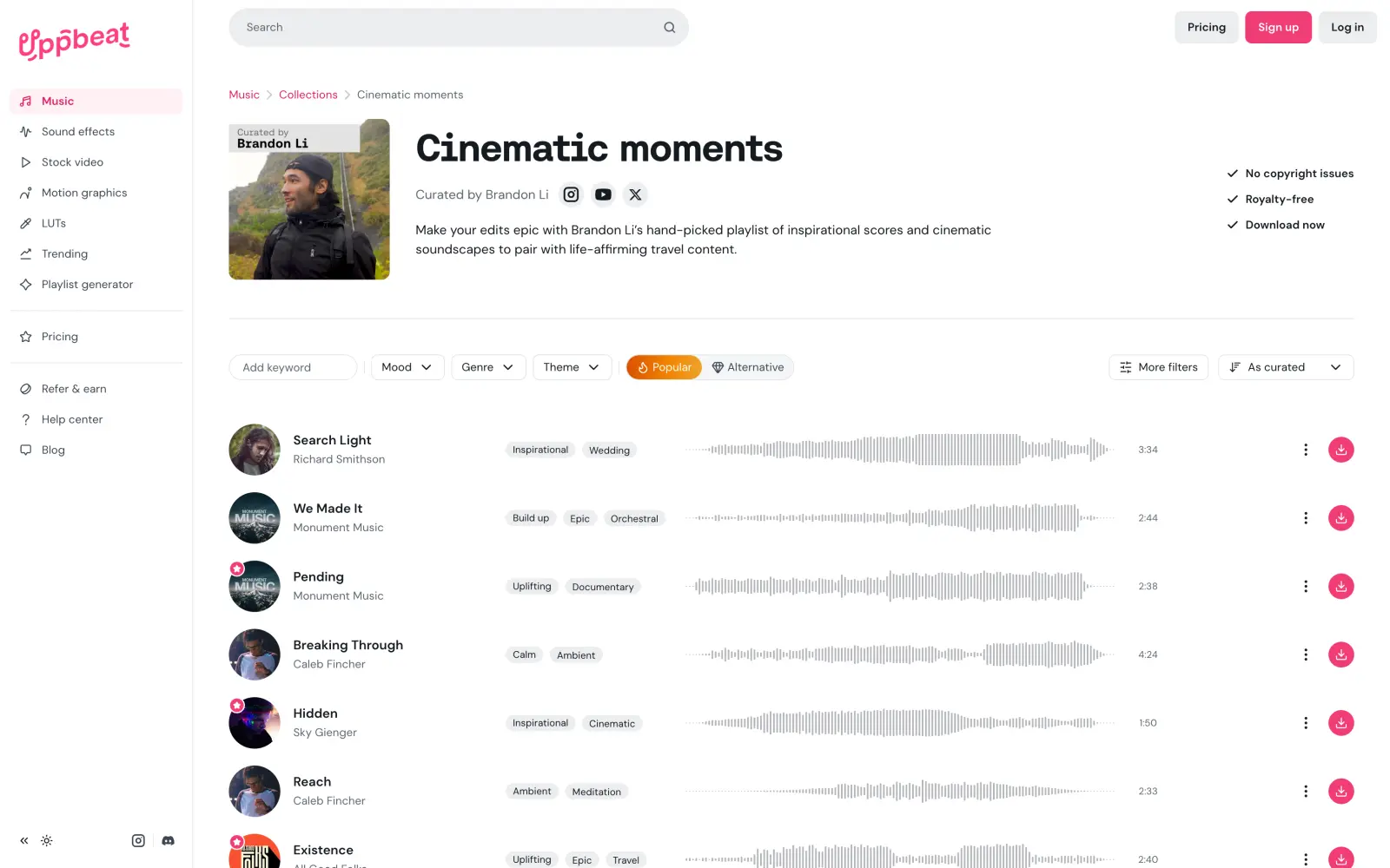 Uppbeat music collection with tracks, tags and download buttons