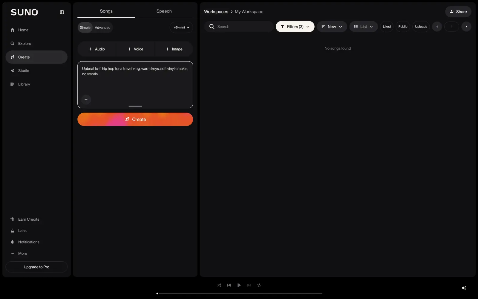 Suno create page with a song description for a travel vlog