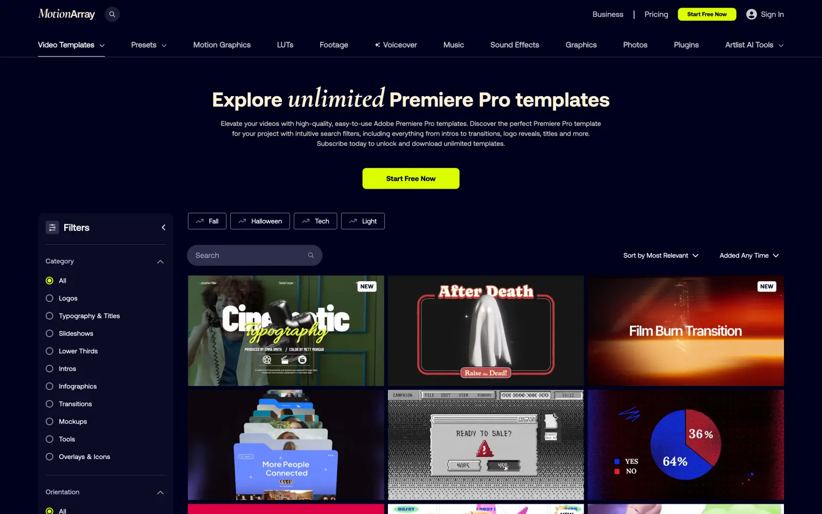Motion Array Premiere Pro templates page with filters and template previews