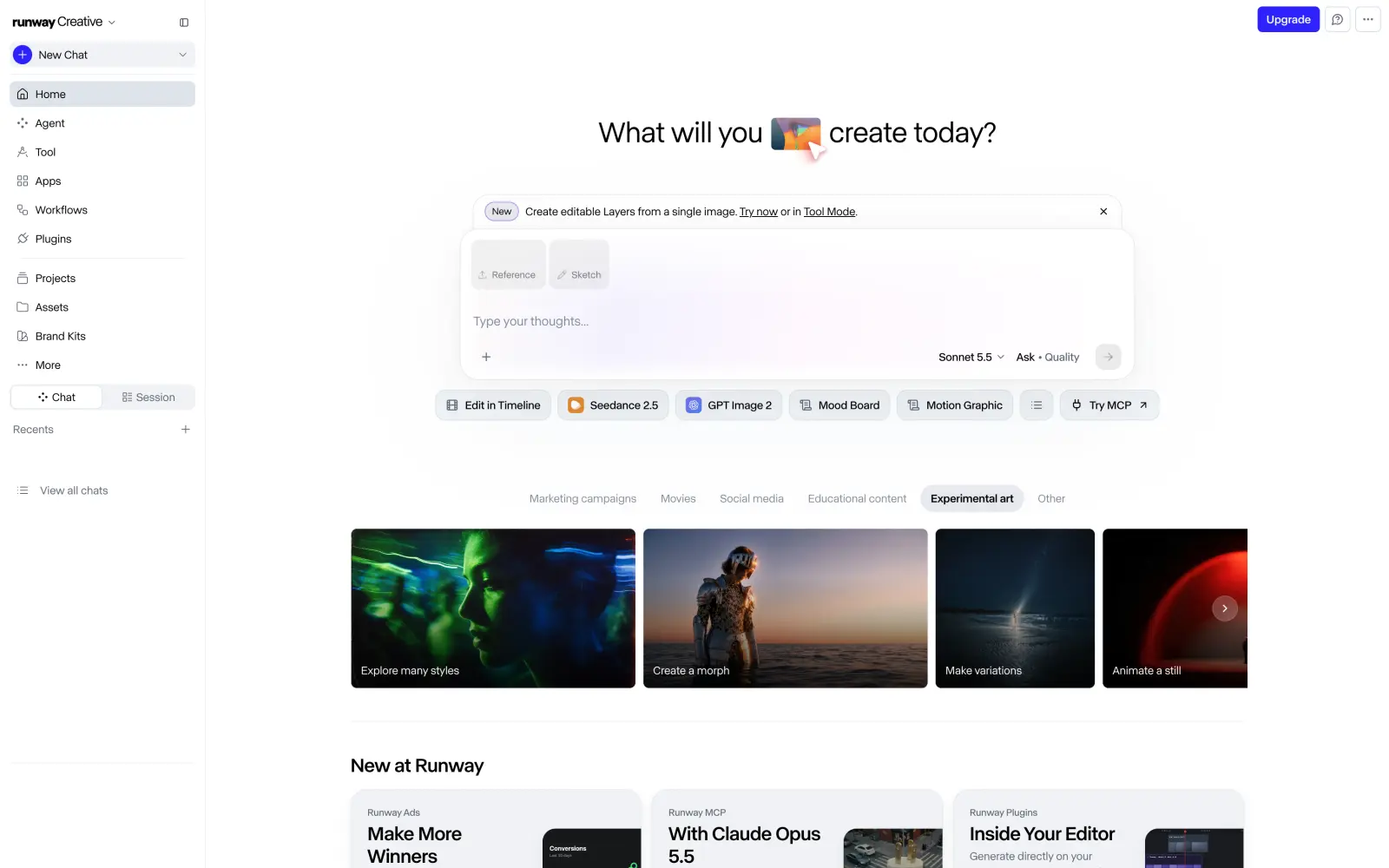 Runway home page with the agent prompt box and shortcuts to Seedance 2.5 and GPT Image 2