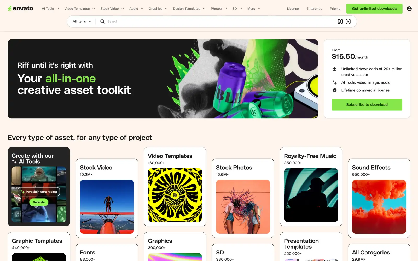 Envato Elements home page with AI tools and asset categories