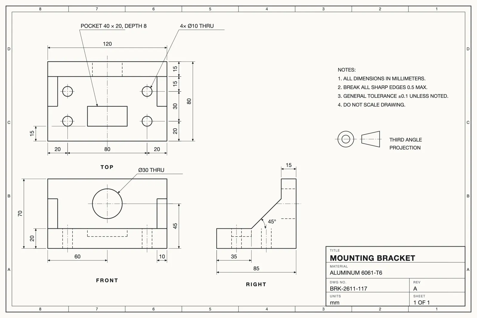 Engineering drawing of a mounting bracket in three views