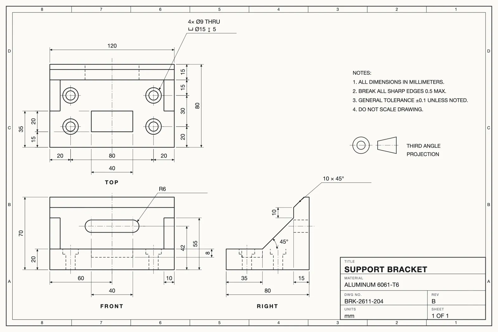 Engineering drawing of a support bracket with counterbores, a chamfer and a slot