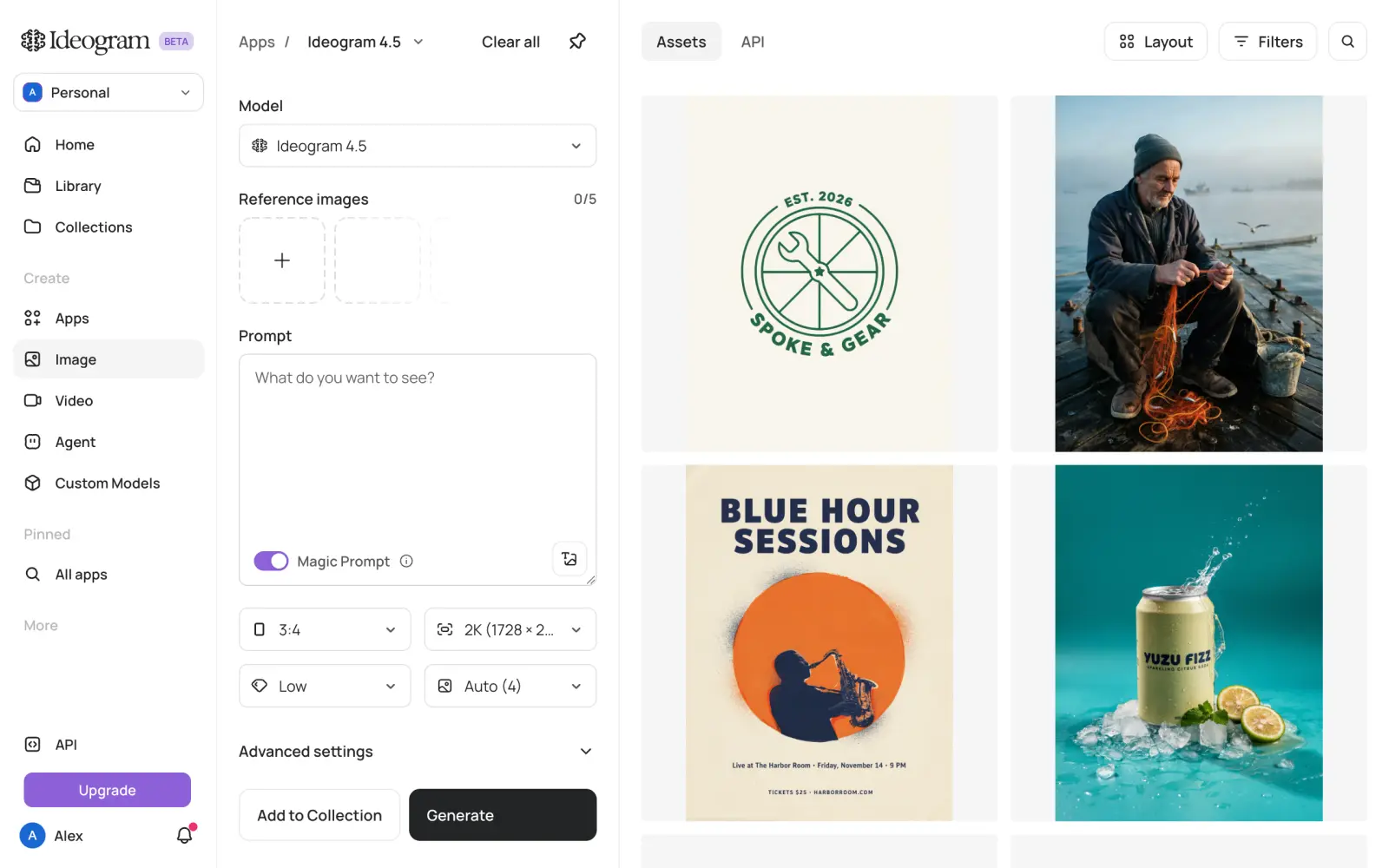 Gerador de imagens do Ideogram com uma foto de produto, um pôster de show, o retrato de um pescador e um logo gerados com o Ideogram 4.5