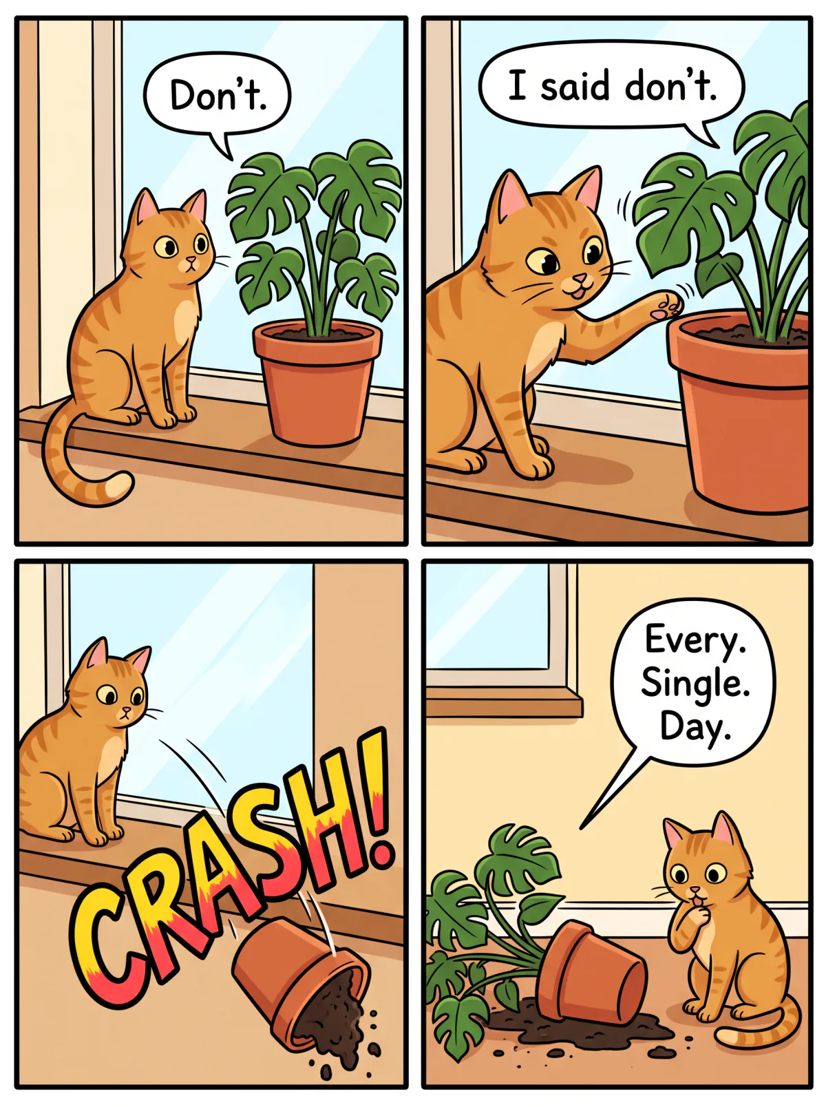 Result of the Cat versus houseplant comic prompt: four-panel comic in which a ginger cat knocks a talking monstera off the windowsill