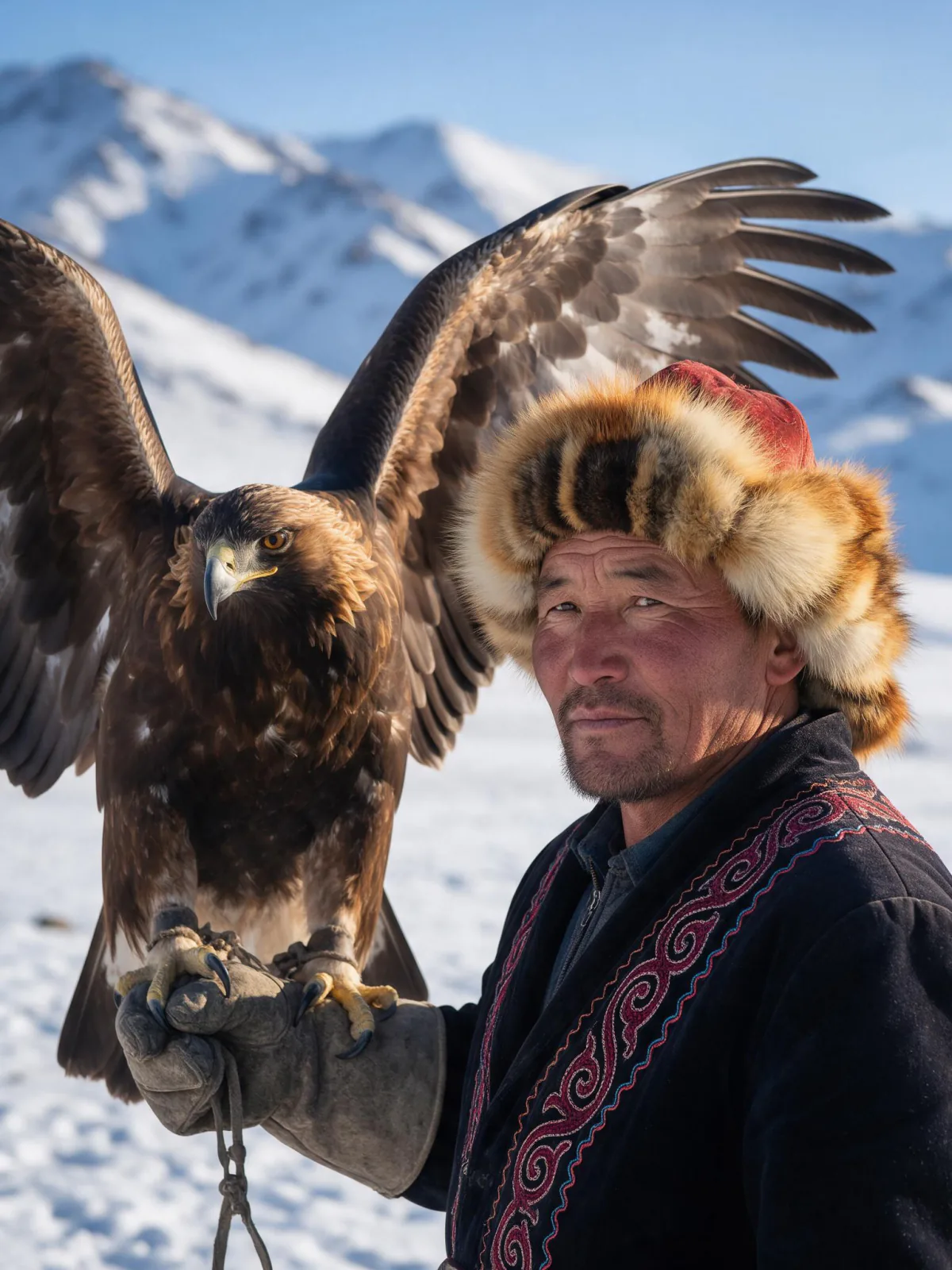 Result of the Eagle hunter in the Altai prompt: Kazakh eagle hunter in a fox-fur hat with a golden eagle spreading its wings on his glove in the snowy Altai