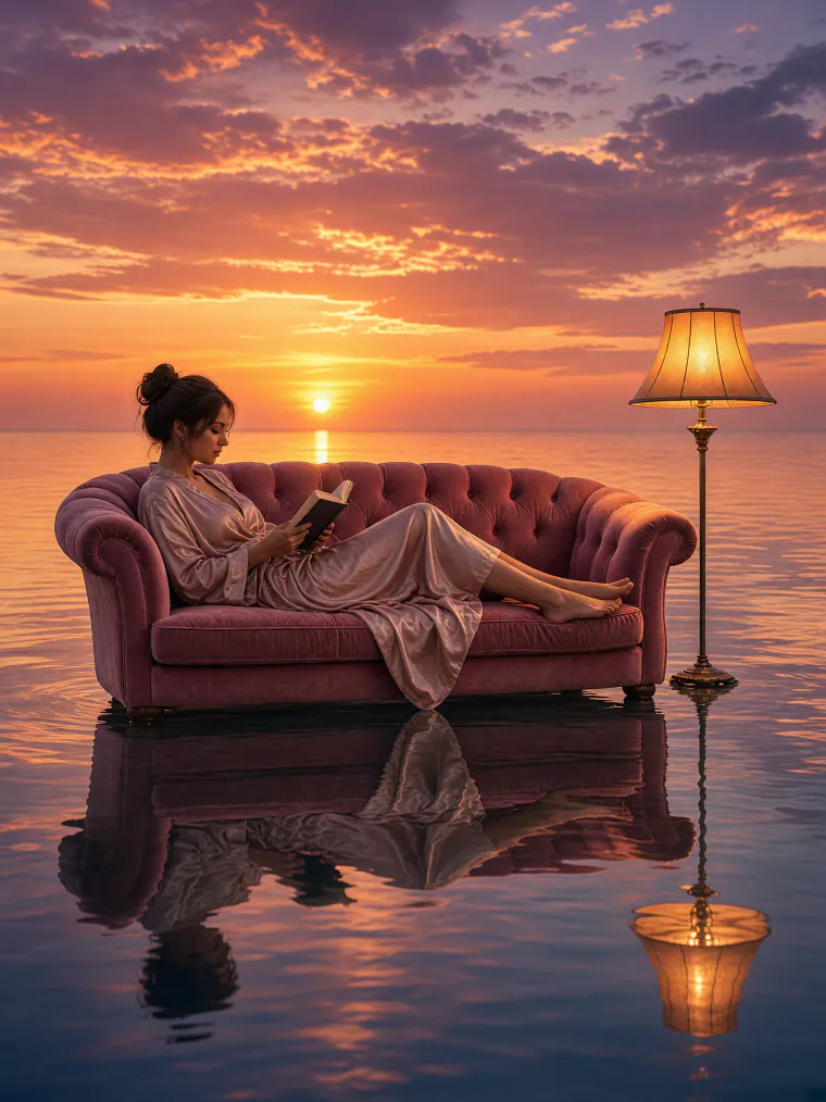 Pink sofa floating at sea