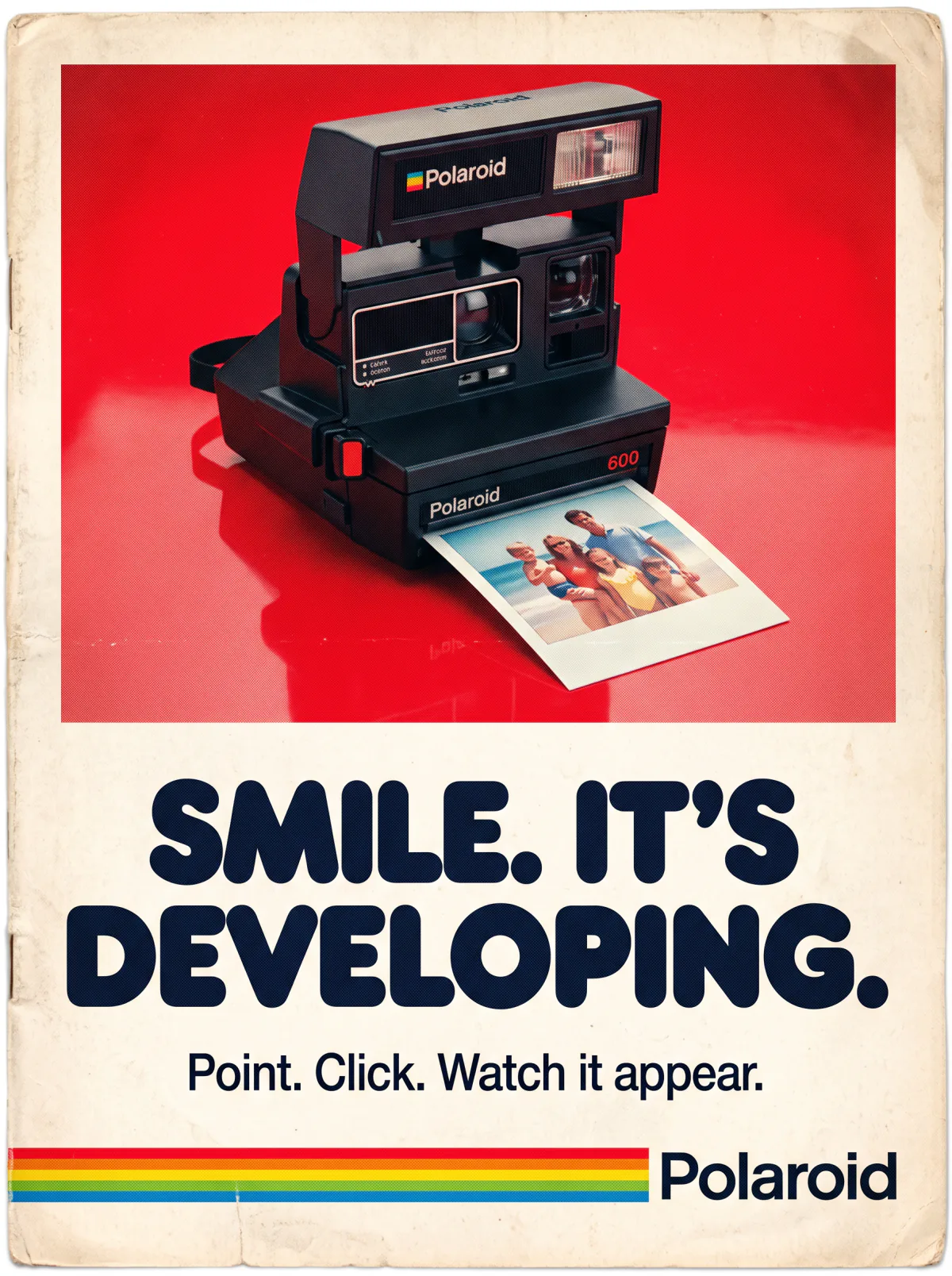 Result of the 1980s instant camera ad prompt: 1980s magazine ad with a Polaroid 600 camera on a glossy red surface ejecting a beach photo above the headline Smile. It's developing.