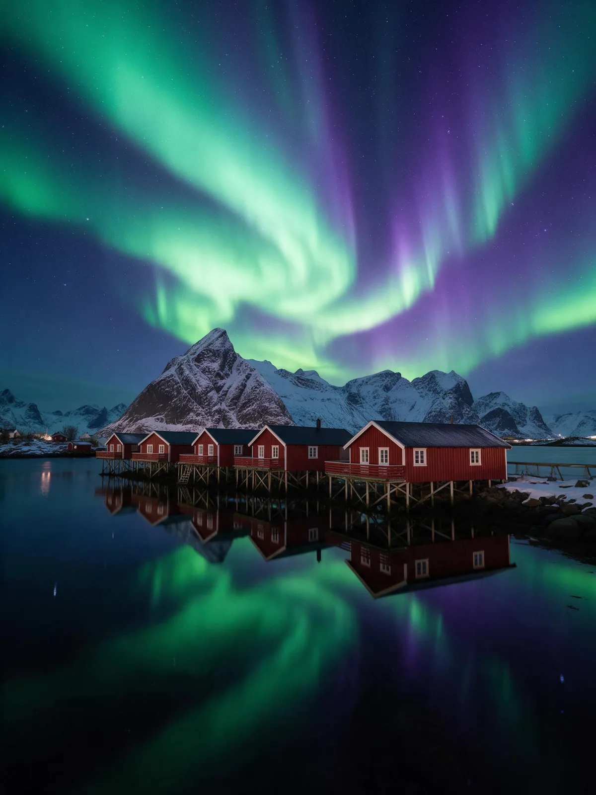 Result of the Northern lights over Lofoten prompt: green and violet northern lights over red fishing cabins on stilts in Lofoten, mirrored in the fjord